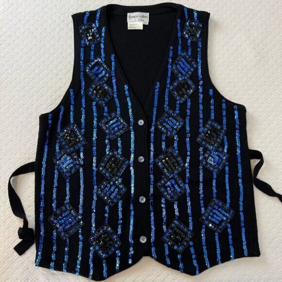Vintage Franco Valeri Men’s Small Blue Sequin Embellished Vest Jacket Party Wool - Picture 1 of 11